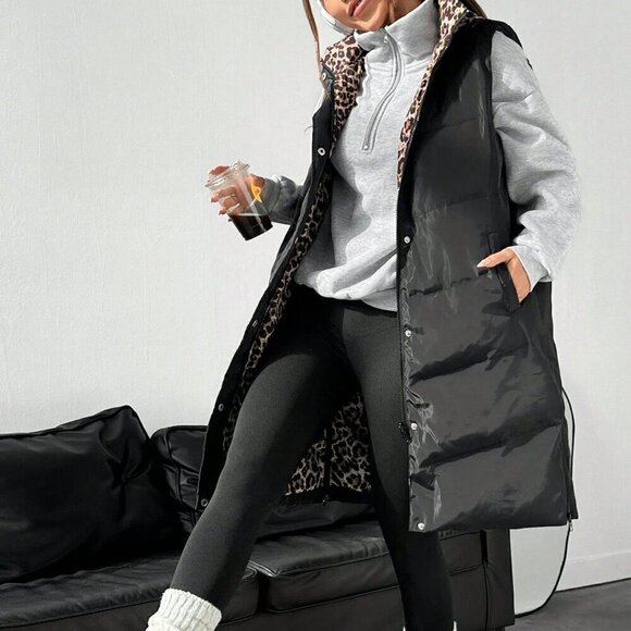 Black Casual Women's Front Button Sleeveless Hooded Padded Coat - Picture 4 of 5